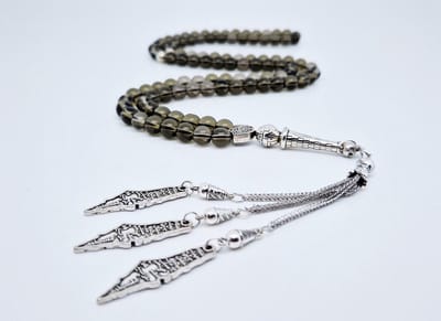 Handgemaakte tesbih "Tasbih" natuursteen " Rookkwarts" - Aantal kralen 99 - Diameter kralen 8MM - met metaal tassel "Palestina" - Een mooi cadeau-idee