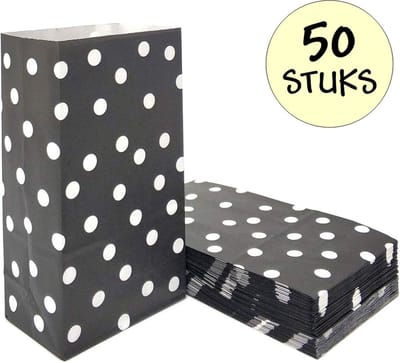 50x Zwarte Uitdeelzakjes Met Stippen - 13x8x24cm - Stevig Papier - Traktatie Zakjes - Papieren Zakjes - Cadeau Zakjes - Polka Dots - Met Blokbodem - Zwart - 50 Stuks