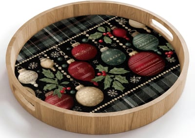 Dienblad rond 40x40 cm - Schootdienblad hout - Kerstballen - Rood - Hulsttakken - Patroon - Borrelplank rechthoek - Plateau houten dienbladen