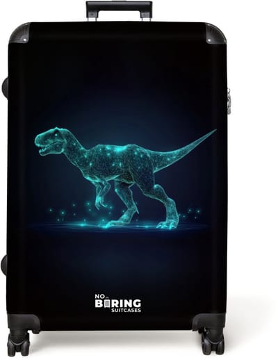 NoBoringSuitcases.com® - Koffer groot - Reiskoffer lichtgewicht - Digitale T-Rex in blauw lichtveld - Rolkoffer met 4 wielen - Grote trolley XL - 98 liter bagage