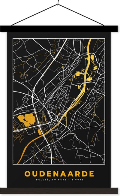 Posterhanger incl. Poster 40x60 cm - Schoolplaat - Oudenaarde - Stadskaart - Kaart - Goud - Plattegrond - Textielposter - Zwarte latten - Stadskaart