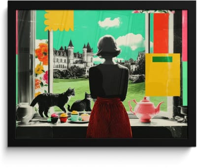 Poster in lijst - Fotolijst 40x30 cm - Posters - Vrouw - Keuken - Katten - Doorkijk - Posterlijst zwart - Decoratie - Wanddecoratie woonkamer - Muurdecoratie slaapkamer