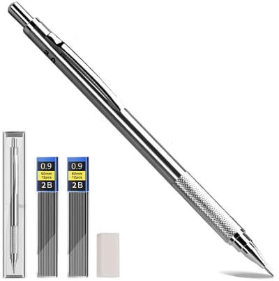 Dailygoods- Vulpotloden 0,9 mm - Metalen Vulpotlood - 8 2B-vullingen - 4 Gummen - Automatisch Potlood - Perfect voor Schrijven/Schetsen - Mechanisch Potlood