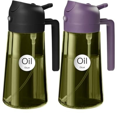 Oliesproeier en -dispenser 470 ml donkergroen - 2-in-1 olijfoliefles met stickers voor koken, luchtfriteuse, salade, barbecue