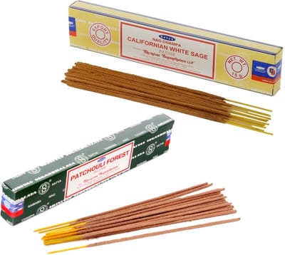 Satya Wierook cadeaus set - 2x geurstokjes - Witte Salie en Patchouli Forrest geur - Meditatie
