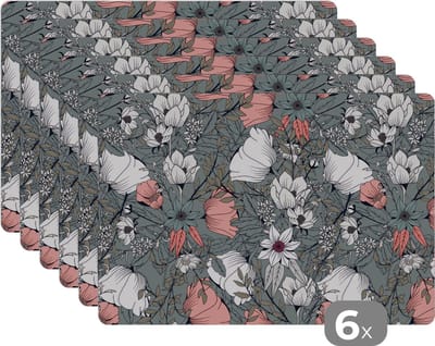Placemat - Placemats kunststof - Klaproos - Schets - Vintage - 45x30 cm - 6 stuks - Hittebestendig - Anti-Slip - Onderlegger - Afneembaar