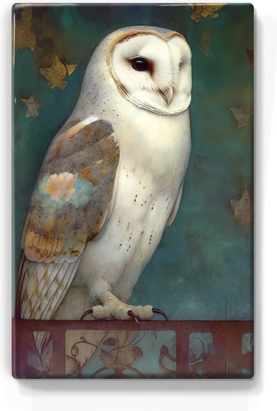 Witte Uil En Dansende Bladeren - Mini Laqueprint - 9,6 x 14,6 cm - Niet van echt te onderscheiden handgelakt schilderijtje op hout - Mooier dan een print op canvas.