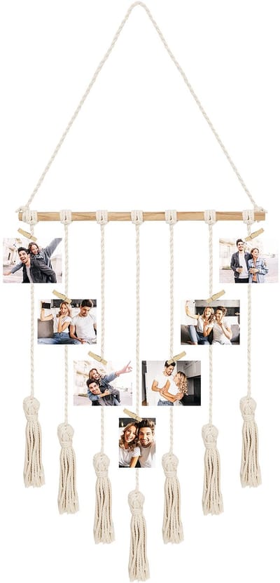 Unyqoos ® Stijlvolle Macramé Fotocollage Muurhanger met Houten Klemmen voor Foto's en Decoraties