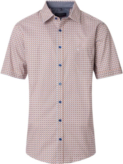 CASA MODA Sport casual fit overhemd - korte mouw - popeline - wit met rood - blauw en beige dessin - Strijkvriendelijk - Boordmaat: 39 - 40