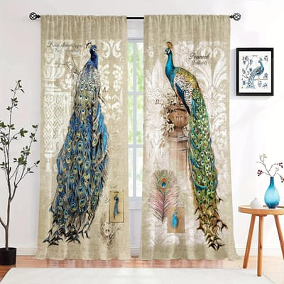 3D Dieren Pauw Bloem Retro Stijl Gordijnen Raambekleding voor Slaapkamer Kantoor Keuken Woonkamer Studeerkamer Huisdecoratie 2 Stuks W60H60(CM)x2PCS&Grommet Top beige