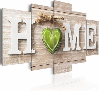Schilderij - Groen Hart - Home , beige groen , beton look , 5 luik