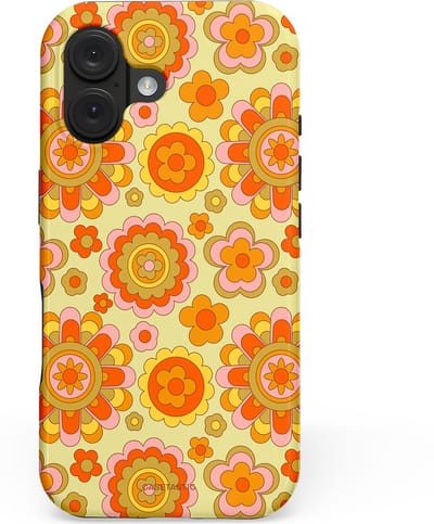 Casetastic hoesje geschikt voor Apple iPhone 16 - MagSafe - Dubbellaagse bescherming - Retro Oranje Bloemen - Fashion Case - Oranje Goud Beige
