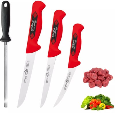 Eikaso Solingen Slagersmessenset 4-Delig – Breed & Gebogen Uitbeenmes – Incl. Wetstaal – Rood – Solingen Duitsland