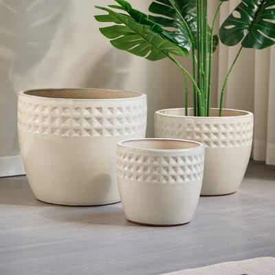 MIVRAY Bloempotset – 3-Delig Ø38/30,5/23 cm – Keramiek – Crèmewit – Met Afwateringsgat Voor Binnen En Overdekt Buiten
