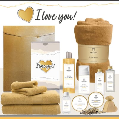 Geschenkset “I Love You!” - 13 producten - 2000 gram | Triomf Original - Giftset voor haar Cadeau Valentijnsdag Luxe wellness cadeaubox Vrouw Ik hou van jou Cadeaupakket Kerst Geschenk Moeder Verjaardag Gift Set Valentijn Vriendin Okergeel