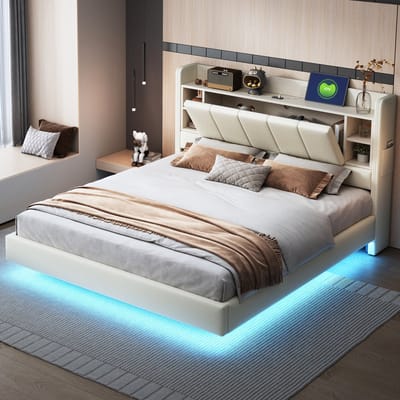 DESMIU Gestoffeerd Bed 160x200cm - Zwevend Bed Met Led Lichtlijst En Usb-Aansluiting - Hoofdbord Met Opbergruimte - Linnenlook - Beige - Zonder Matras