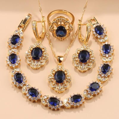 Brésil Qualité Luxe Accessoire de Mariage Mariée Ensembles de Bijoux Fleur Plaqué Or Zircon Boucles d'Oreilles Collier Bracelet Bague resizable brown