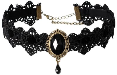 Dailygoods - 1 x Halloween-halsband, gothic-stijl, kant, zwart, verstelbaar, sexy en compleet met kristallen hanger en retro ketting, perfect om je look te accentueren, Metaal