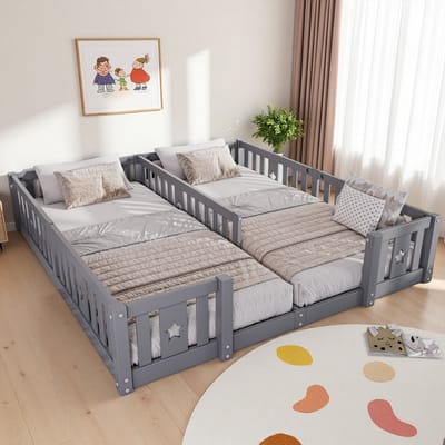 Montessori kinderbed voor twee personen met valbeveiliging, 90 x 200 cm, massief hout, grijs, voor jongens en meisjes, met lattenbodem