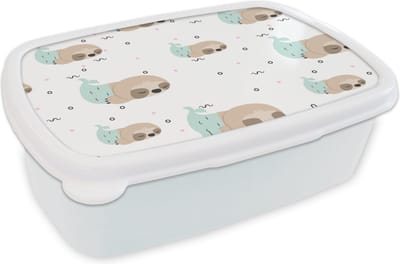 Broodtrommel Wit - Lunchbox - Brooddoos - Zeemeermin - Luiaard -Patroon - Slapen - 18x12x6 cm - Volwassenen