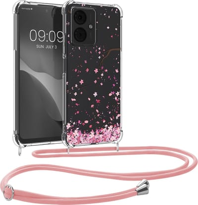 kwmobile telefoonhoesje geschikt voor Motorola Moto G14 - Hoesje met telefoonkoord - Back cover voor smartphone - Case in poederroze / donkerbruin / transparant