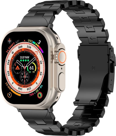 Strap-it Titanium Butterfly band - geschikt voor Apple Watch Series 1 / 2 / 3 / 4 / 5 / 6 / 7 / 8 / 9 / 10 / 11 / SE (2/3) / Ultra (2/3) (2/3) - Stevig en lichtgewicht titanium bandje voor iWatch - maat: 44mm / 45mm / 46mm / 49mm - zwart