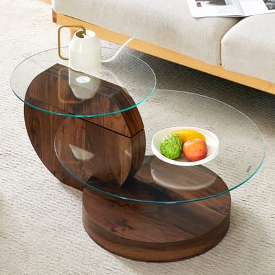 MODENUIT Salontafel - Gelaagd Met Gehard Glas - Voor Woonkamer - MDF En Transparant Glas - 50/70 Cm - Walnoot