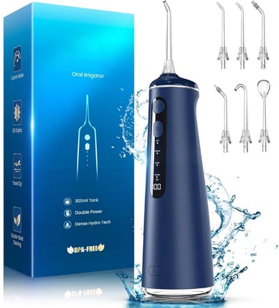 Irrigator Dental - Draadloze Monddouche - Waterflosser Voor Tanden - Met 4 Standen En 8 Niveaus - 7 Mondstukken - 300 Ml Reservoir - Voor Interdentale Reiniging - Tanddouche - Mondwater - Elektrische Monddouche - Blauw