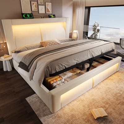 Sweiko Tweepersoonsbed 140 x 200 cm - Opbergruimte - LED-verlichting - USB/Type-C - Velvet - Beige