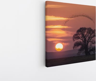 Saammp Canvas Schilderij - Vogels met zonsondergang - Dieren - Bloemen - 20x20 - Foto op canvas - Wanddecoratie - muurdecoratie Woonkamer - Slaapkamer decoratie - Canvas Print