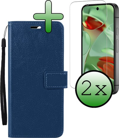 Hoesje Met 2x Screenprotector - Geschikt voor Google Pixel 9 - Luxe Pasjeshouder - Bookcase Portemonee - Flip Case - Kunstleer Book Case - Flipcase Hoes - Book Cover - Walletcase - Portemonneehoes - Donkerblauw