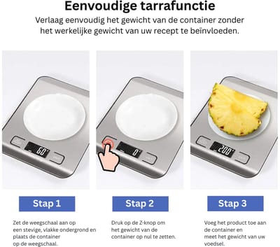 DVDSS® Keuken weegschaal - Roestvrij Staal - Achtergrondverlicht - Nauwleurigheid 1 gram - Tot 5 kg - Zilvergrijs