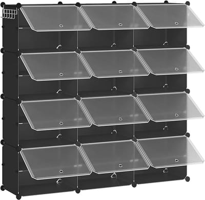 Schoenenkast met 12 Vakken - Kunststof Schoenenrek voor 48 Paar Schoenen - Smalle Schoenen Organizer met Deuren - Modulair Opbergsysteem voor Hal, Woonkamer en Slaapkamer - Zwart