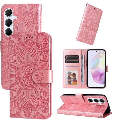 PU BoekCover Hoes Etui geschikt voor Samsung Galaxy A57 Roze - Bloem-Motief in Reliëf