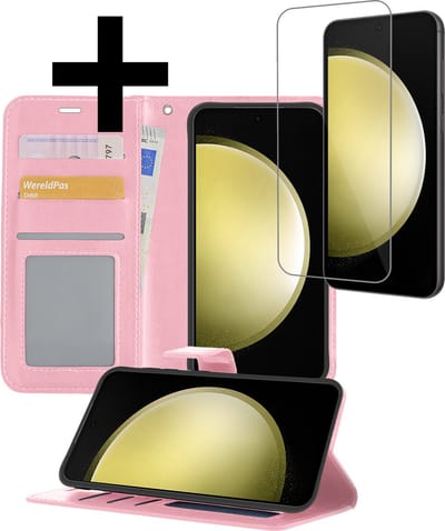 Hoesje - Met Screenprotector - Geschikt voor Samsung Galaxy S23 FE - Luxe Pasjeshouder - Bookcase Portemonee - Flip Case - Kunstleer Book Case - Flipcase - Book Cover - Walletcase - Portemonneehoes - Telefoonhoesjes - Lichtroze