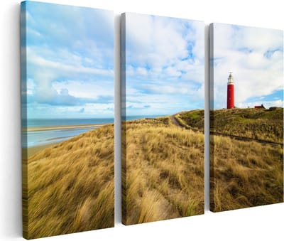 Artaza Canvas Schilderij Drieluik Vuurtoren met Duinen in Texel - 180x120 - Groot - Foto Op Canvas - Canvas Print