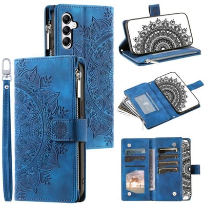 Telefoonhoesje geschikt voor Samsung Galaxy A57 5G - Portemonnee met rits - book-case hoesje - ruimte voor 8 pasjes - mandala blauw