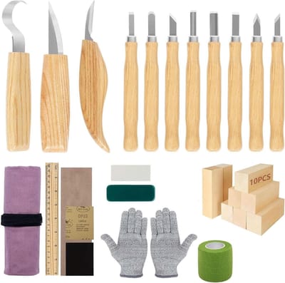 PromoHome 30-delige houtsnijgereedschapsset, houtsnijset voor volwassenen en kinderen, snijset met slijpsteen en snijbestendige handschoenen