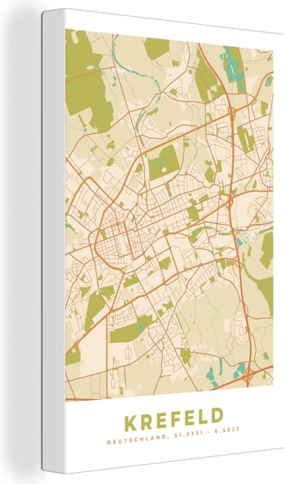 Canvas Schilderij Stadskaart - Krefeld - Kaart - Vintage - Plattegrond - 20x30 cm - Wanddecoratie