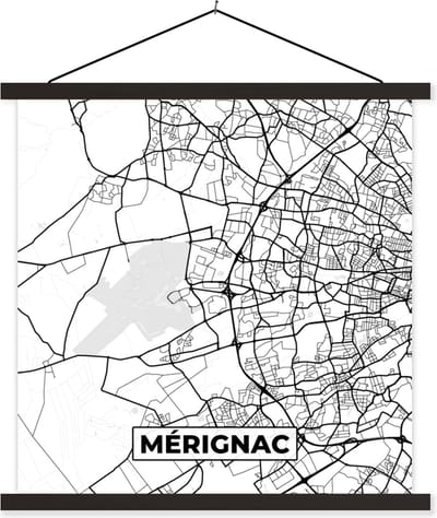 Posterhanger incl. Poster 60x60 cm - Schoolplaat - Frankrijk - Kaart - Plattegrond - Stadskaart - Mérignac - Zwart wit - Textielposter - Zwarte latten - Stadskaart
