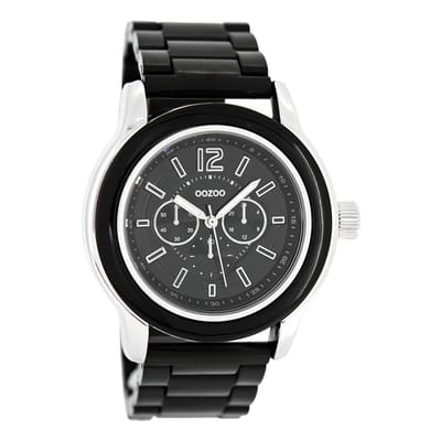 OOZOO Timepieces - Zilverkleurige horloge met zwarte kunststof horlogeband - C4944