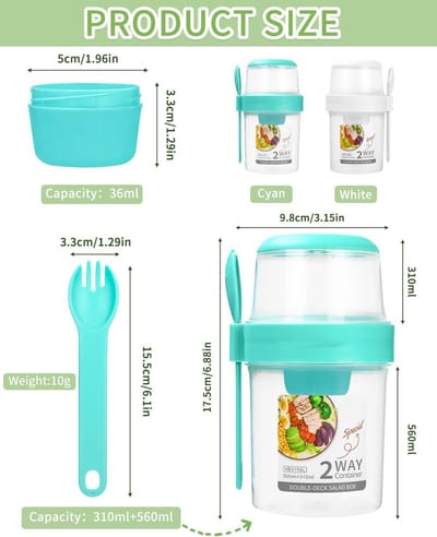 Famanu – 2 stuks mueslibeker to go - yoghurtbeker voor onderweg met lepel - yoghurt to go beker - dubbelwandige lekvrije yoghurtbeker - saladebeker (wit+groen (310 ml+560 ml))