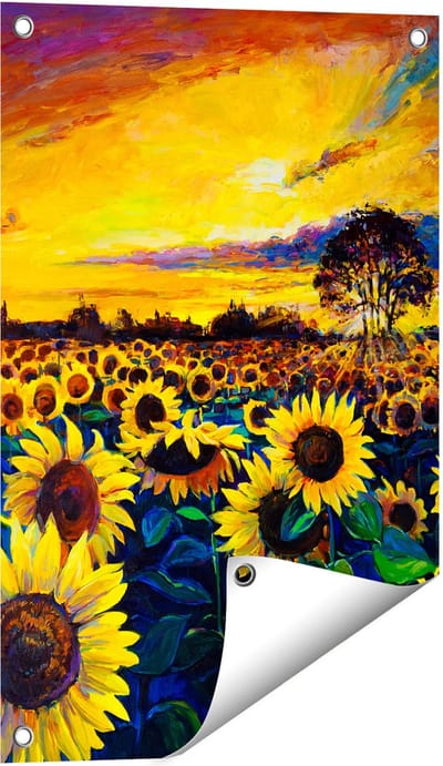 Gards Tuinposter Getekende Zonnebloemen Veld met Olieverf - 40x60 cm - Tuindoek - Tuindecoratie - Wanddecoratie buiten - Tuinschilderij