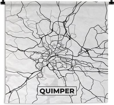 Wandkleed - Wanddoek - Quimper - Plattegrond - Kaart - Frankrijk - Stadskaart - Zwart wit - 180x180 cm - Wandtapijt