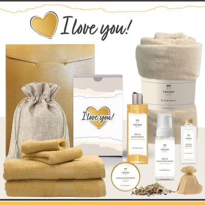 Geschenkset “I Love You!” - 11 producten - 1660 gram | Triomf Original - Giftset voor haar Cadeau Valentijnsdag Luxe wellness cadeaubox Vrouw Ik hou van jou Cadeaupakket Kerst Geschenk Moeder Verjaardag Gift Set Valentijn Vriendin Okergeel Crème