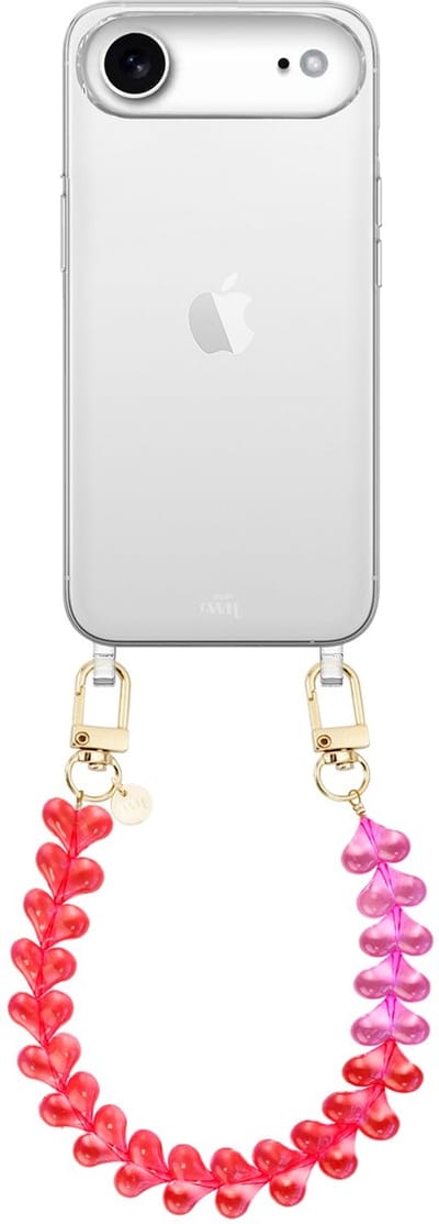 xoxo Wildhearts siliconen hoesje geschikt voor iPhone 17 Air hoesje - Funky Hearts - Telefoonhoesje - Hoesje met koord - Transparant Roze met Rood koord - kort telefoonkoord - Hartjes ketting - Transparant hoesje