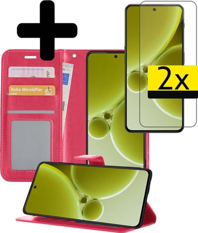 Hoesje - Met 2x Screenprotector - Geschikt voor OnePlus Nord 3 - Luxe Pasjeshouder - Bookcase Portemonee - Flip Case - Kunstleer Book Case - Flipcase Hoes - Book Cover - Walletcase - Portemonneehoes - Telefoonhoesjes - Donkerroze