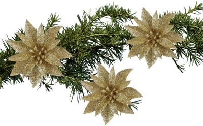 House of Seasons Kerstboom bloemen op clip - 6x stuks - goud - kunststof - kerstornamenten