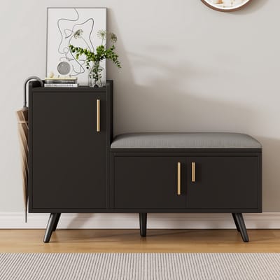 MODFU - Schoenenbank Met Opbergruimte - Gevoerde Zitting - Modern - Voor Hal - Spaanplaat - Zwart - 100 x 34 x 68,5 cm