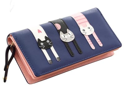 Dailygoods - Schattige Kat Portemonnee - Decoratieve Kleine Portemonnee - Duurzaam en Comfortabel - Koningsblauw - Lange Geldclip - Cadeau voor Meisje...